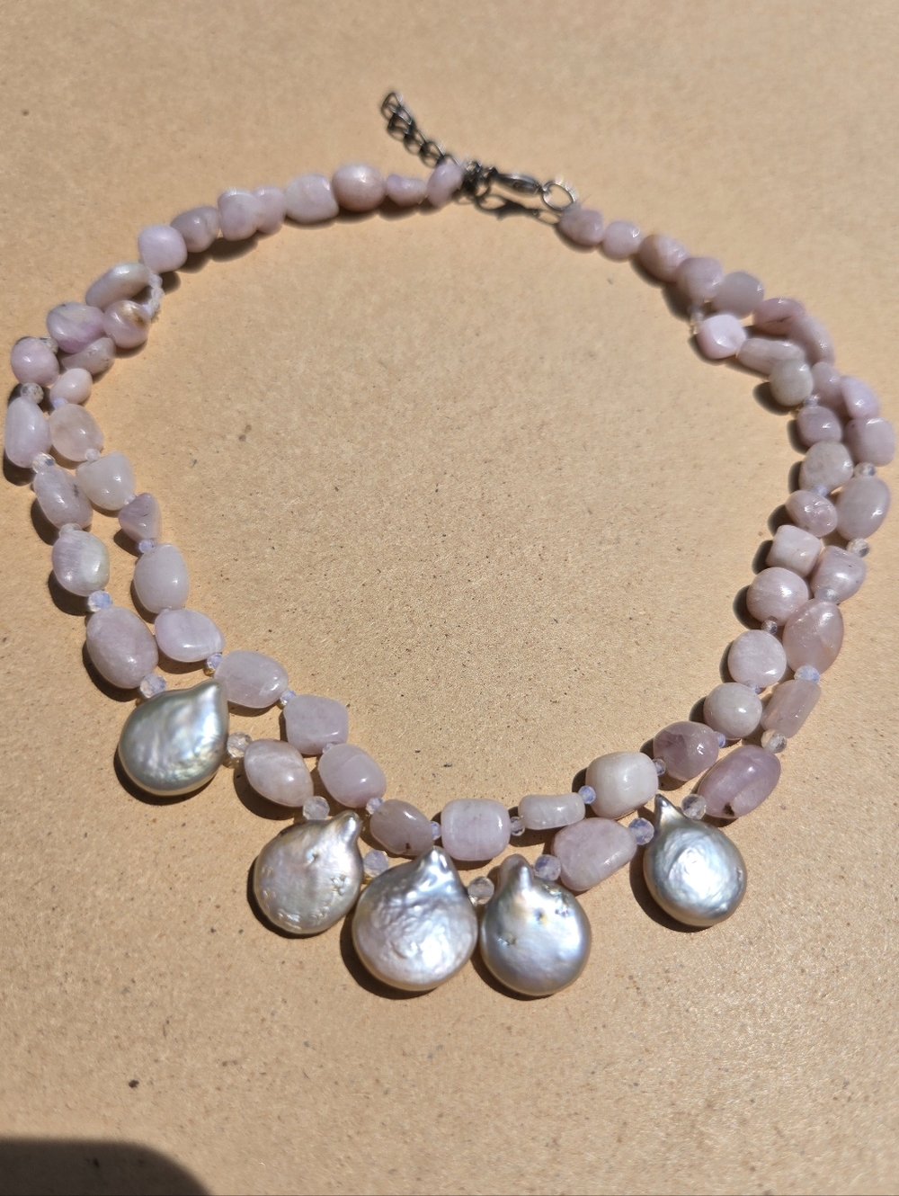 Pink Kunzite and Pearl Drop Necklace